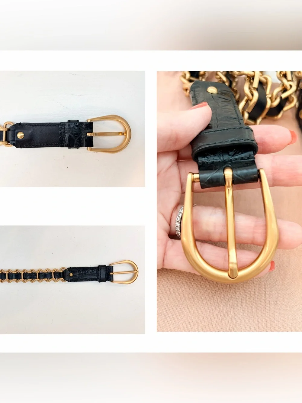 Auth MIU MIU Black Leather Gold-Tone Chain Link Belt, Size 75 / 30